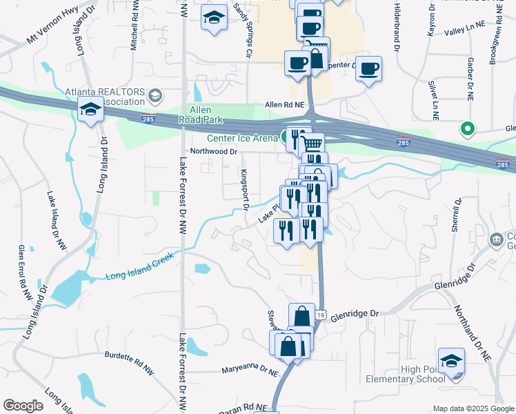map of restaurants, bars, coffee shops, grocery stores, and more near 11 Kingsport Drive in Sandy Springs