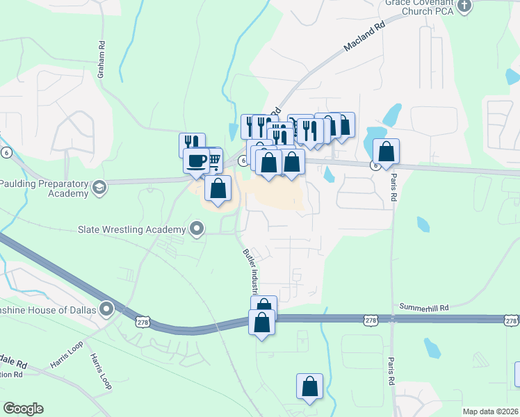 map of restaurants, bars, coffee shops, grocery stores, and more near 201 Butler Industrial Drive in Dallas