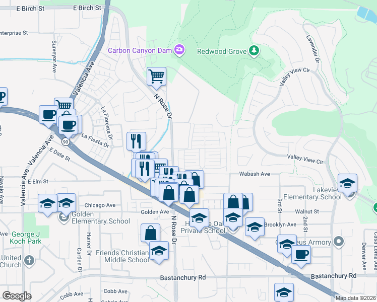 map of restaurants, bars, coffee shops, grocery stores, and more near 16742 Lake Ridge Way in Yorba Linda