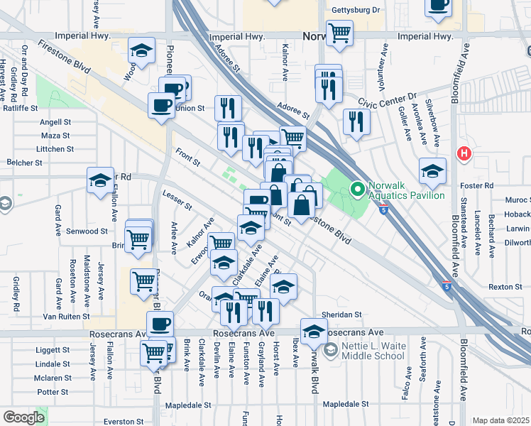 map of restaurants, bars, coffee shops, grocery stores, and more near 12045 Foster Road in Norwalk