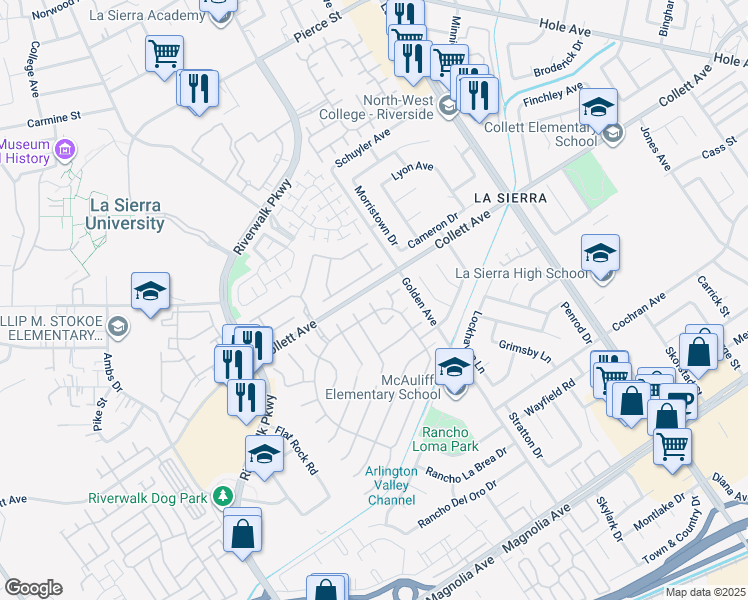 map of restaurants, bars, coffee shops, grocery stores, and more near 4291 Riverfield Court in Riverside