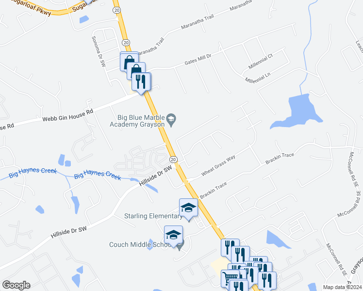 map of restaurants, bars, coffee shops, grocery stores, and more near 1560 Willow River Run in Grayson