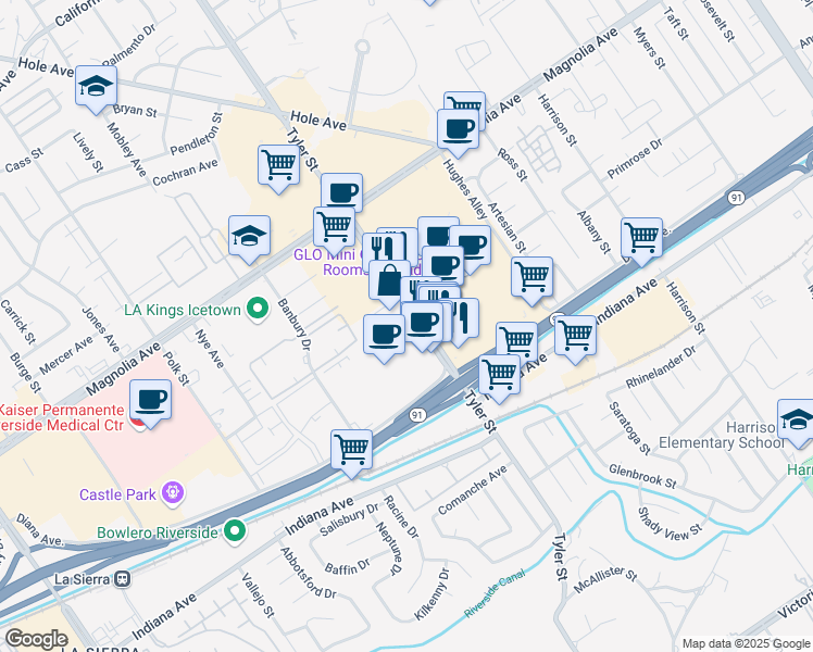 map of restaurants, bars, coffee shops, grocery stores, and more near 3580 Tyler St in Riverside