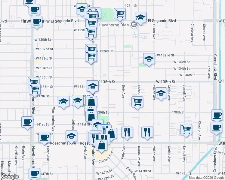 map of restaurants, bars, coffee shops, grocery stores, and more near 13534 Cordary Avenue in Hawthorne