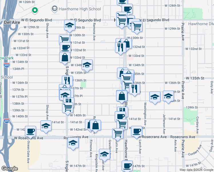 map of restaurants, bars, coffee shops, grocery stores, and more near 4515 137th Street in Hawthorne