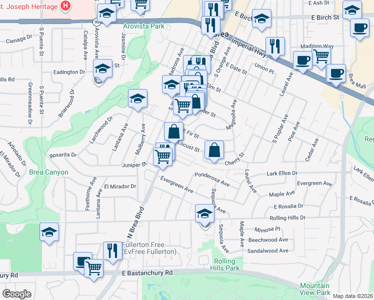 map of restaurants, bars, coffee shops, grocery stores, and more near 138 Locust Street in Brea