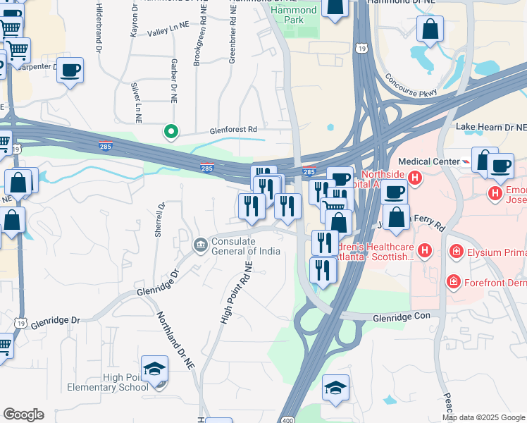 map of restaurants, bars, coffee shops, grocery stores, and more near 5610 Glenridge Drive in Sandy Springs