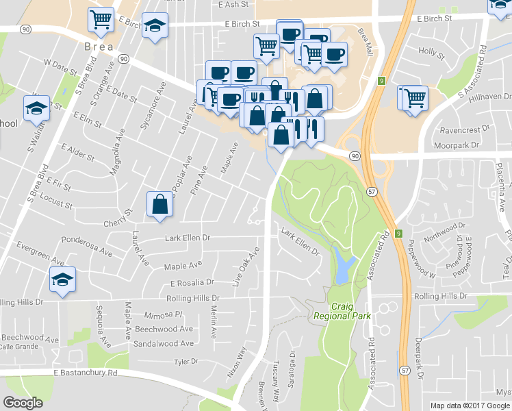 map of restaurants, bars, coffee shops, grocery stores, and more near 581 Muirwood Drive in Brea