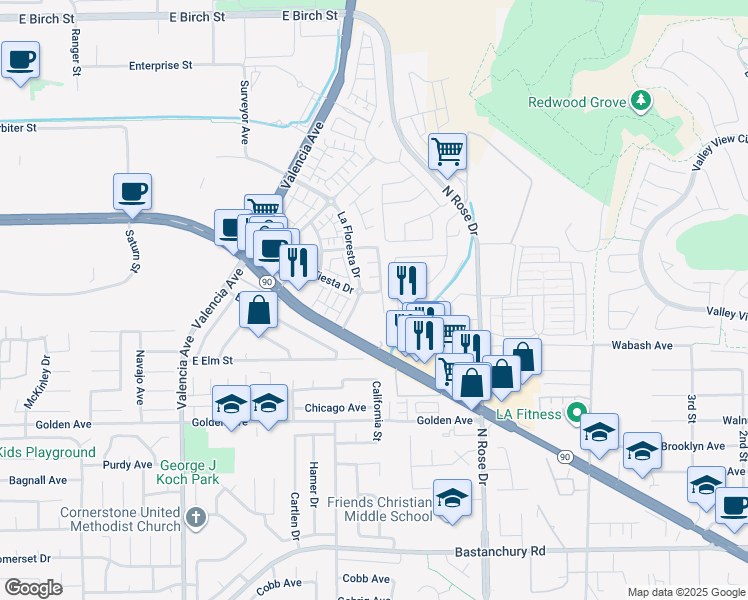 map of restaurants, bars, coffee shops, grocery stores, and more near 454 La Floresta Drive in Brea