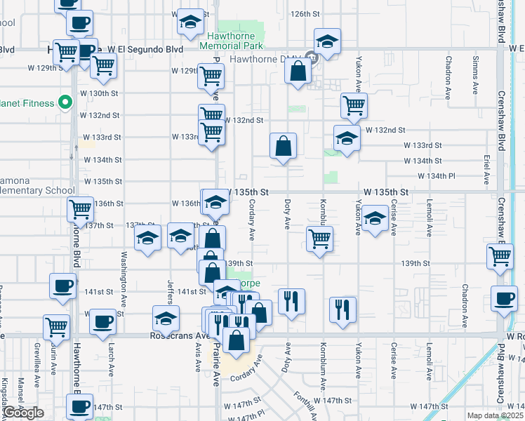 map of restaurants, bars, coffee shops, grocery stores, and more near 13534 Cordary Avenue in Hawthorne