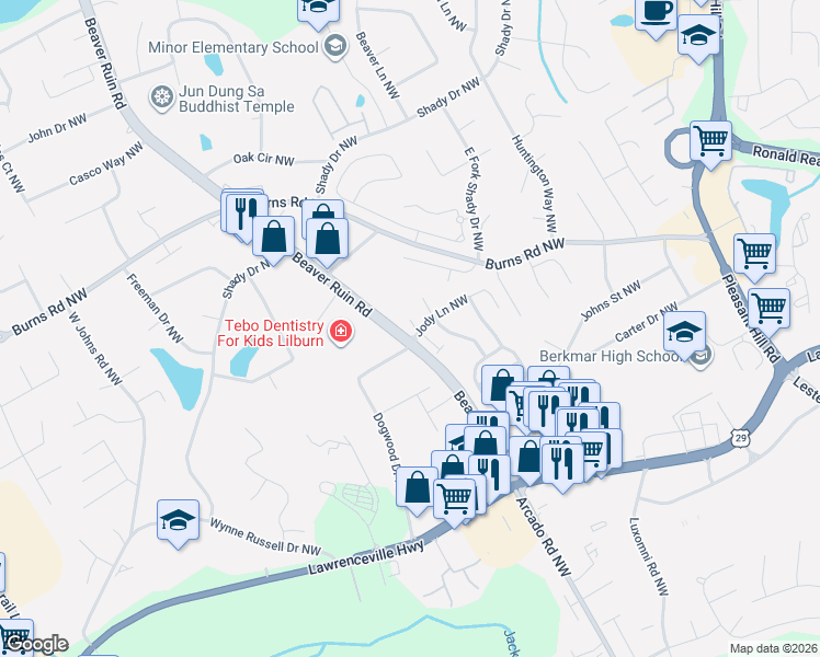 map of restaurants, bars, coffee shops, grocery stores, and more near 4241 Jody Lane Northwest in Lilburn