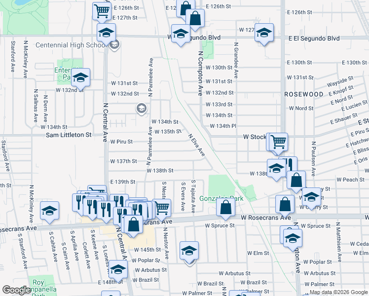 map of restaurants, bars, coffee shops, grocery stores, and more near 1213 West 136th Street in Compton
