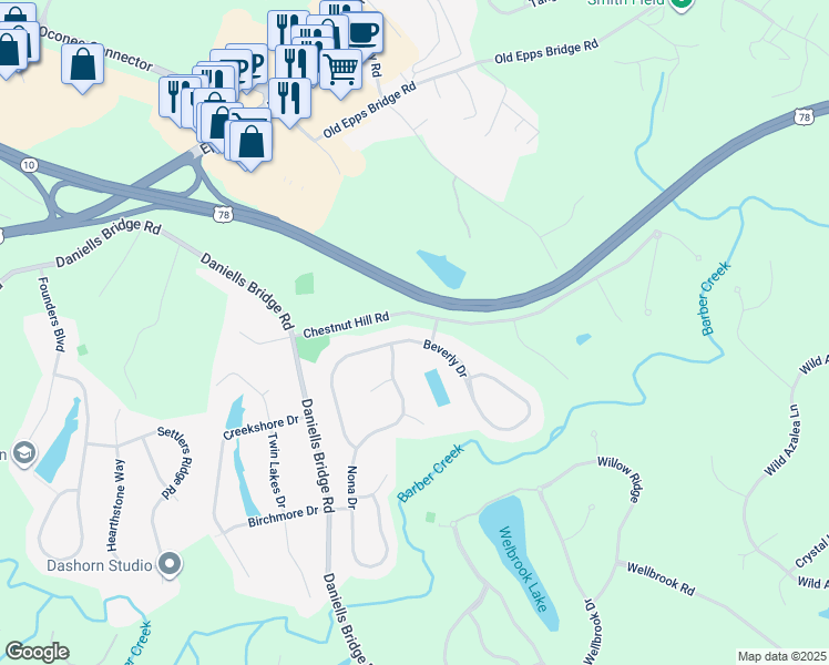 map of restaurants, bars, coffee shops, grocery stores, and more near 1191 Beverly Drive in Athens