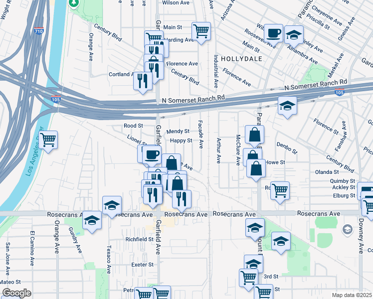 map of restaurants, bars, coffee shops, grocery stores, and more near 7559 Happy Street in Paramount