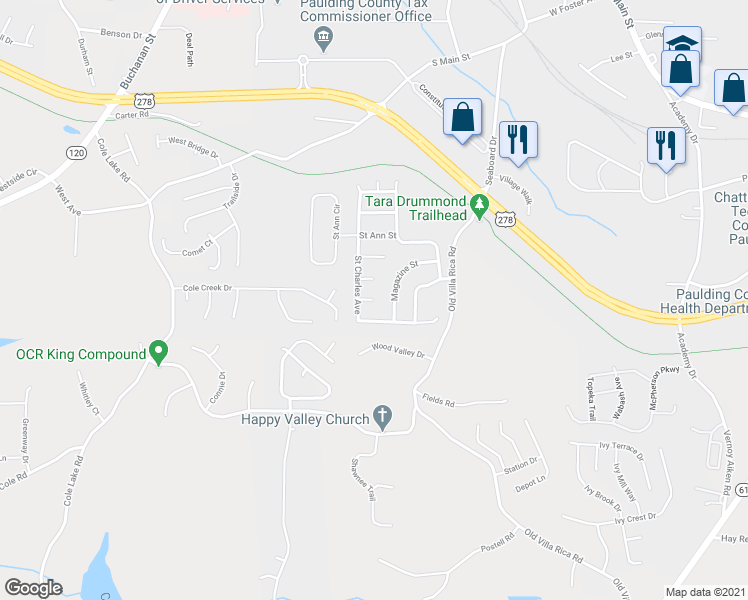 map of restaurants, bars, coffee shops, grocery stores, and more near 104 Rampart Street in Dallas