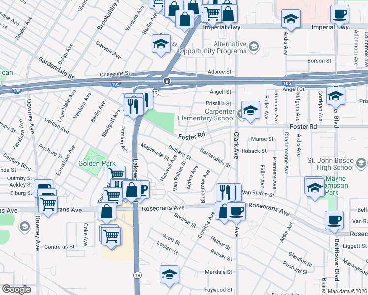 map of restaurants, bars, coffee shops, grocery stores, and more near 9203 Foster Road in Downey