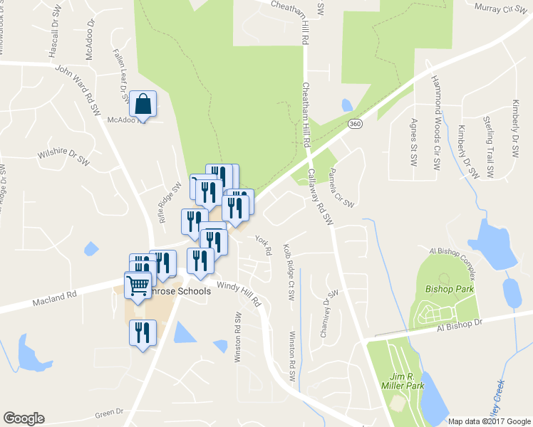 map of restaurants, bars, coffee shops, grocery stores, and more near 1813 Kolb Farm Circle Southwest in Marietta