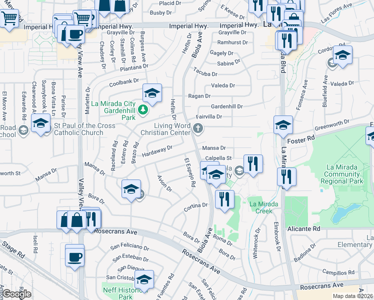 map of restaurants, bars, coffee shops, grocery stores, and more near 13514 Heflin Drive in La Mirada