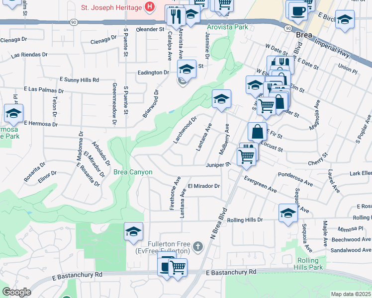 map of restaurants, bars, coffee shops, grocery stores, and more near 837 Wildrose Drive in Brea