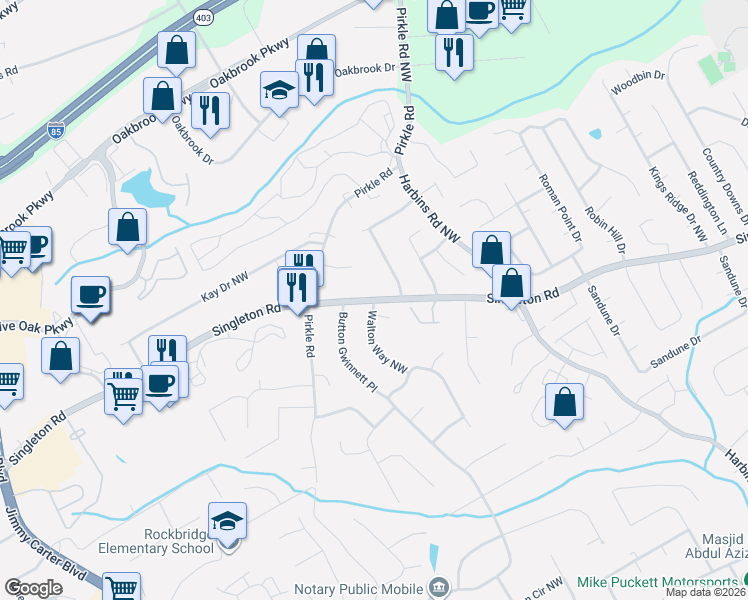 map of restaurants, bars, coffee shops, grocery stores, and more near 1452 Stonewood Drive Northwest in Norcross