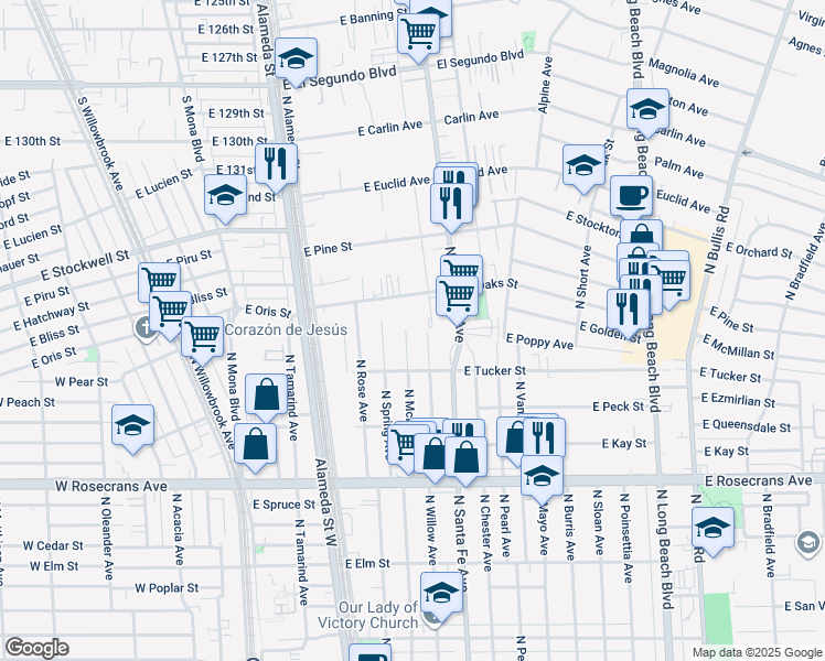 map of restaurants, bars, coffee shops, grocery stores, and more near 1736 North McDivitt Avenue in Compton