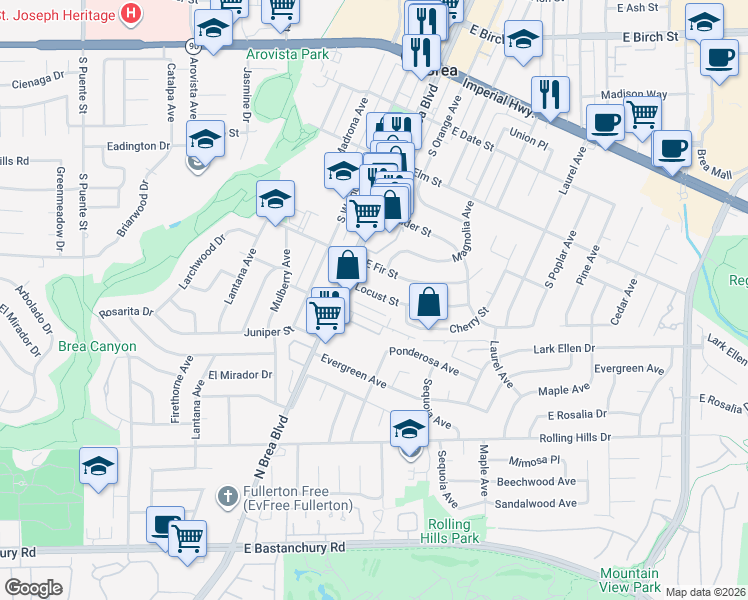 map of restaurants, bars, coffee shops, grocery stores, and more near 138 Locust Street in Brea
