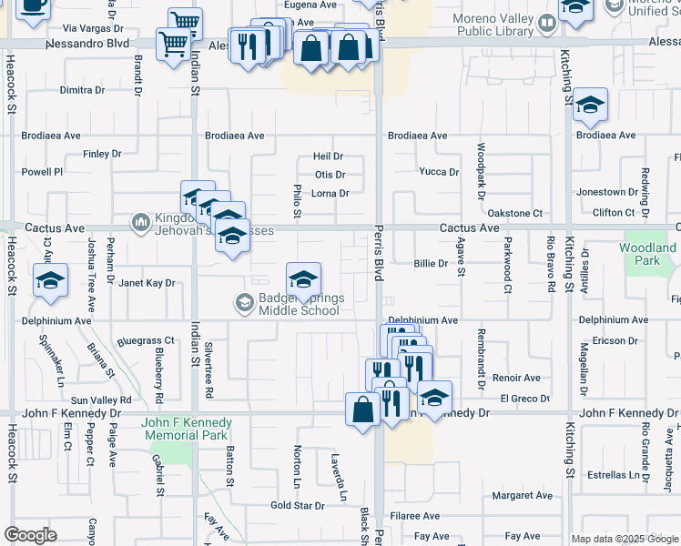 map of restaurants, bars, coffee shops, grocery stores, and more near Gulfstream Lane in Moreno Valley