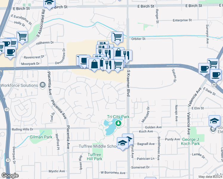 map of restaurants, bars, coffee shops, grocery stores, and more near 3002 Blackwood Court in Fullerton