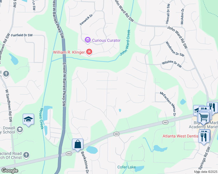 map of restaurants, bars, coffee shops, grocery stores, and more near 2261 Byron Court Southwest in Marietta