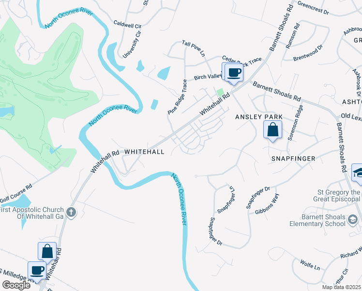 map of restaurants, bars, coffee shops, grocery stores, and more near 331 Oconee River Circle in Athens