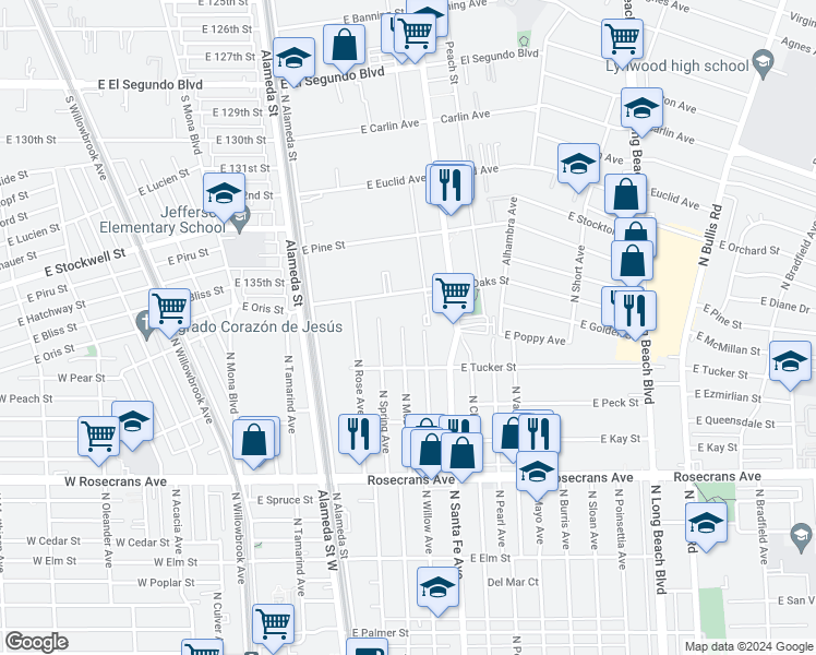 map of restaurants, bars, coffee shops, grocery stores, and more near 1736 North McDivitt Avenue in Compton
