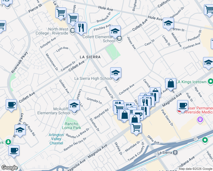 map of restaurants, bars, coffee shops, grocery stores, and more near 4095 Penrod Drive in Riverside