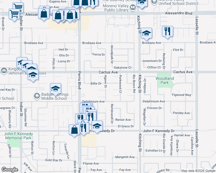 map of restaurants, bars, coffee shops, grocery stores, and more near 25252 Billie Drive in Moreno Valley