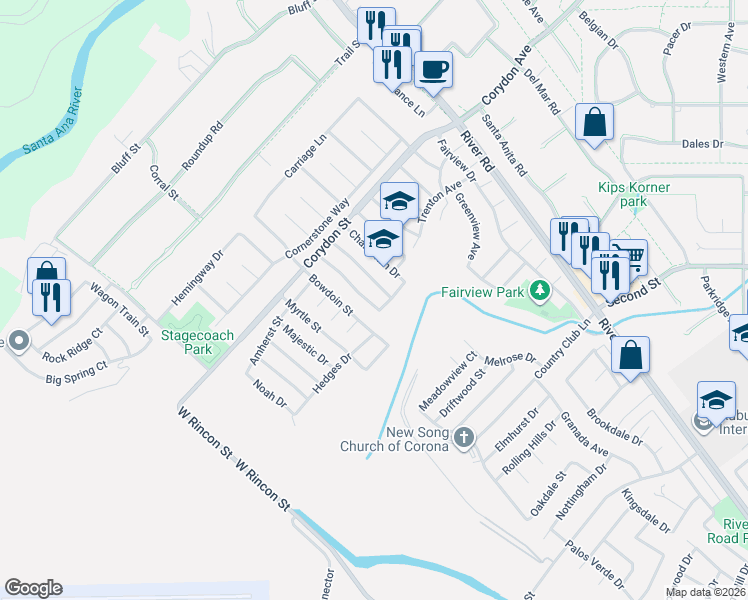 map of restaurants, bars, coffee shops, grocery stores, and more near 1848 Providence Way in Corona