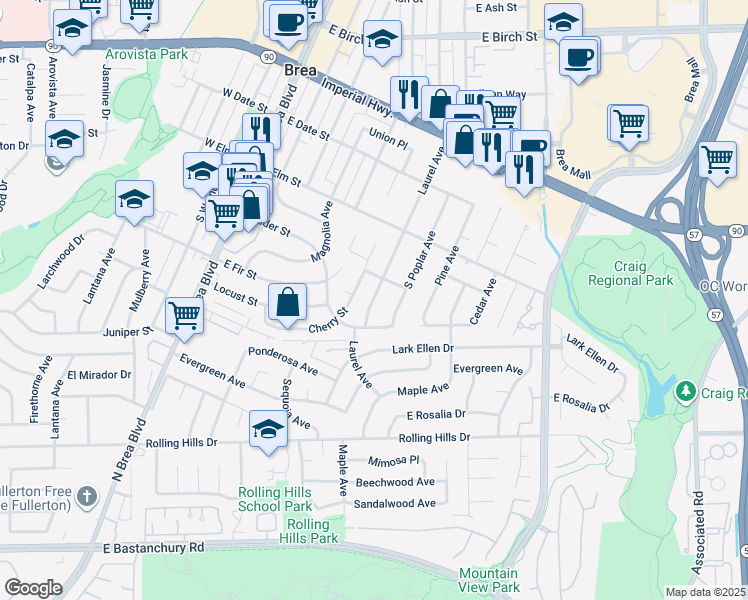 map of restaurants, bars, coffee shops, grocery stores, and more near 601 Laurel Avenue in Brea