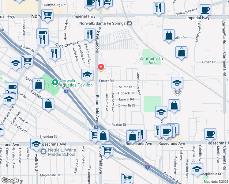 map of restaurants, bars, coffee shops, grocery stores, and more near 12707 Muroc Street in Norwalk