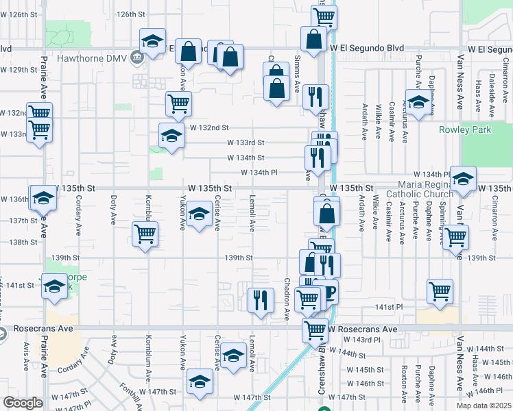 map of restaurants, bars, coffee shops, grocery stores, and more near 3252 West 135th Street in Hawthorne