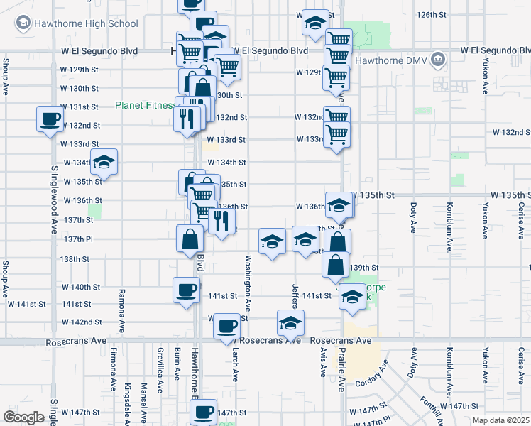 map of restaurants, bars, coffee shops, grocery stores, and more near 4219 West 136th Street in Hawthorne