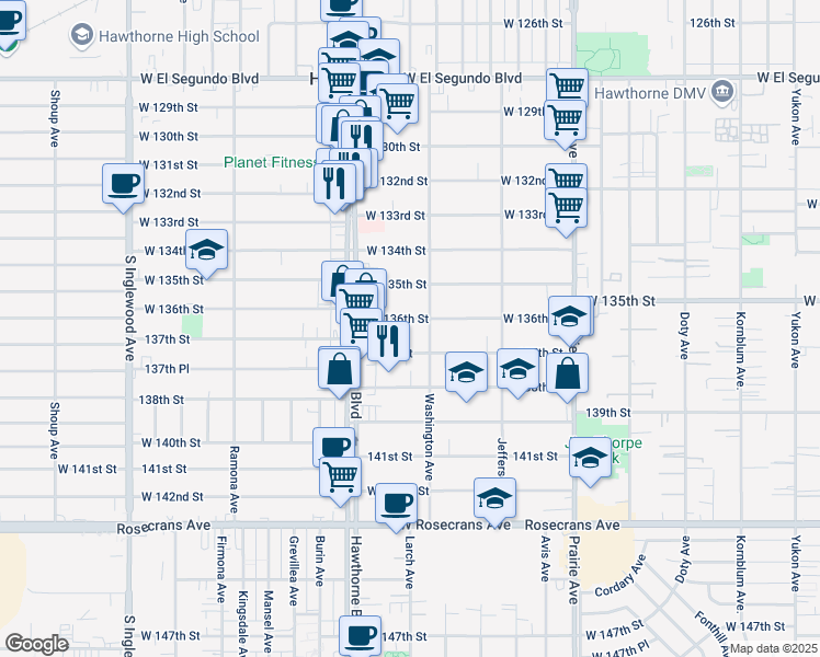 map of restaurants, bars, coffee shops, grocery stores, and more near 4319 West 136th Street in Hawthorne