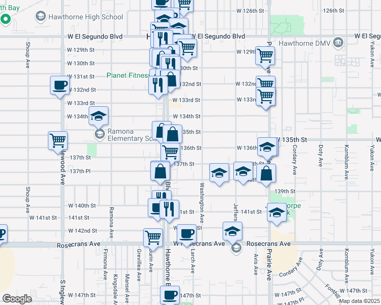 map of restaurants, bars, coffee shops, grocery stores, and more near 4319 West 136th Street in Hawthorne