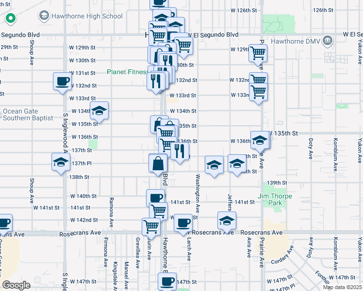 map of restaurants, bars, coffee shops, grocery stores, and more near 4381 West 136th Street in Hawthorne