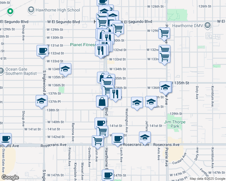 map of restaurants, bars, coffee shops, grocery stores, and more near 4381 West 136th Street in Hawthorne