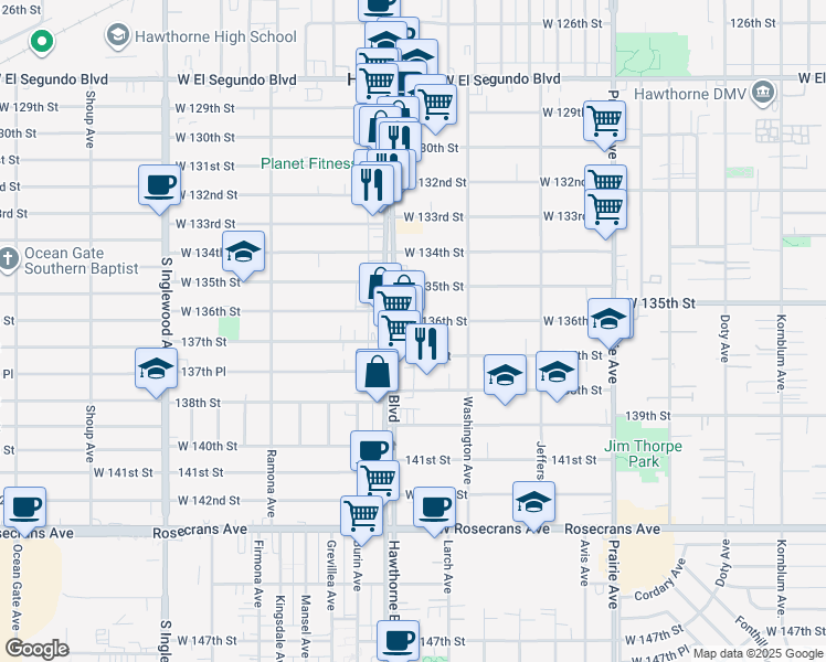 map of restaurants, bars, coffee shops, grocery stores, and more near 4381 West 136th Street in Hawthorne