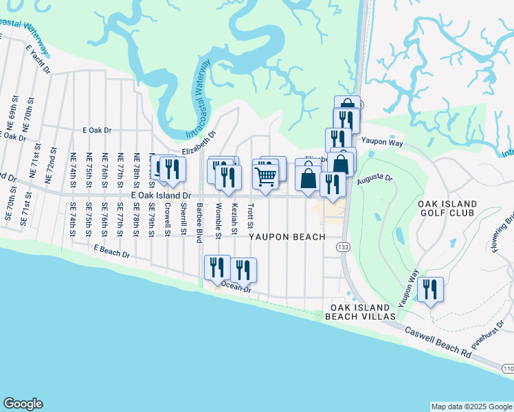 map of restaurants, bars, coffee shops, grocery stores, and more near 8500 East Oak Island Drive in Oak Island