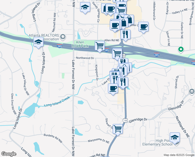 map of restaurants, bars, coffee shops, grocery stores, and more near 5543 Kingsport Drive in Atlanta