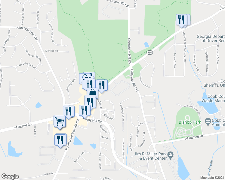 map of restaurants, bars, coffee shops, grocery stores, and more near 1813 Kolb Farm Circle Southwest in Marietta