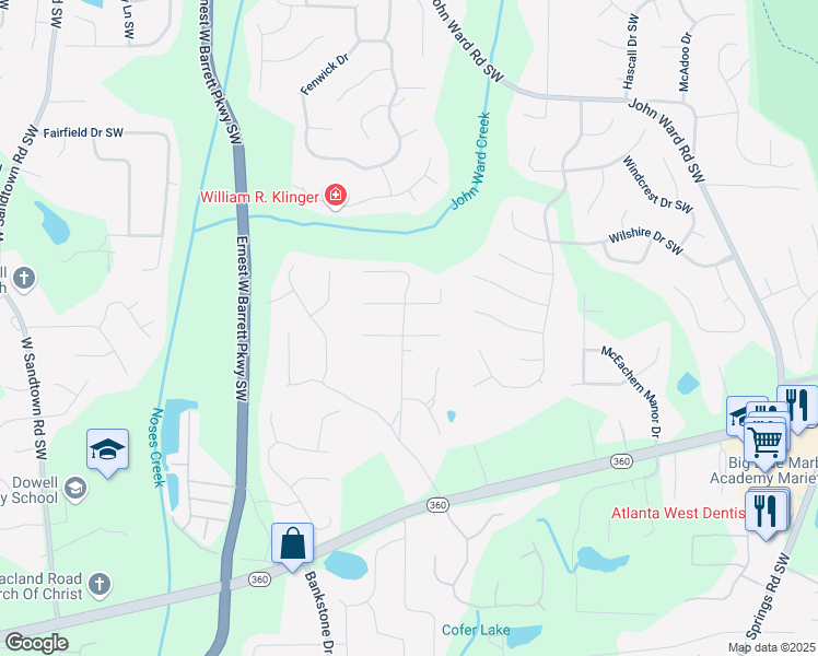 map of restaurants, bars, coffee shops, grocery stores, and more near 2261 Byron Court Southwest in Marietta