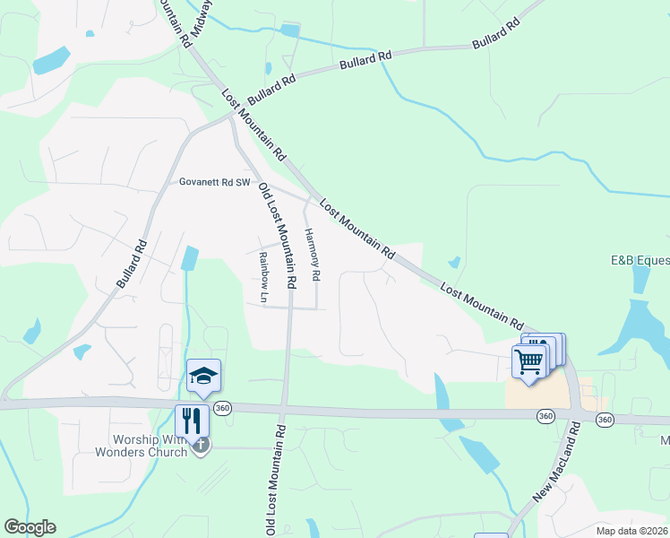 map of restaurants, bars, coffee shops, grocery stores, and more near 1806 Lost Mountain Road in Powder Springs