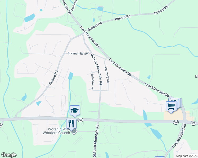 map of restaurants, bars, coffee shops, grocery stores, and more near 1874 Old Lost Mountain Road in Powder Springs