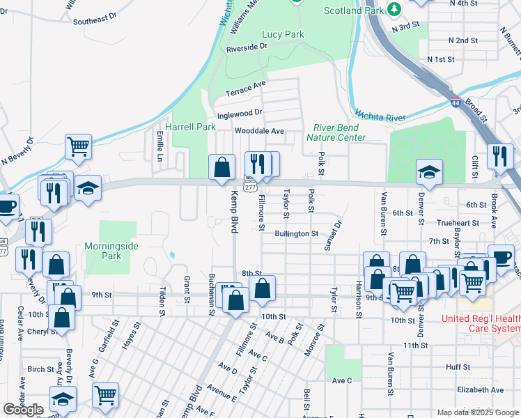 map of restaurants, bars, coffee shops, grocery stores, and more near 500 Fillmore Street in Wichita Falls
